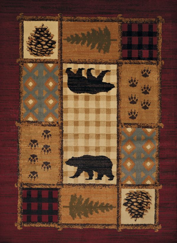Picture of an area rug with a red background that has bears, paw prints, pine trees, and pine cones on it